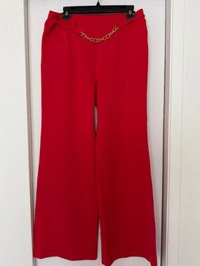 New York & Company Red Wide Leg Pants Gold Chain Detail Size M